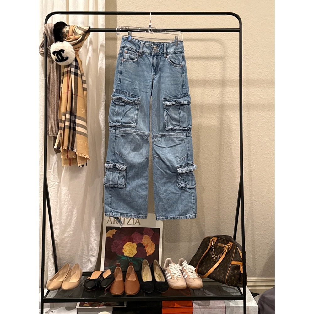 Garage Denim Women Light Wash Wide Leg Cargo Jeans Blue Size 00 23 Utility Pants